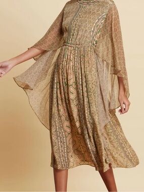 307. Ritu Kumar Paisley Midi Dress in Earthy Olive and Tan